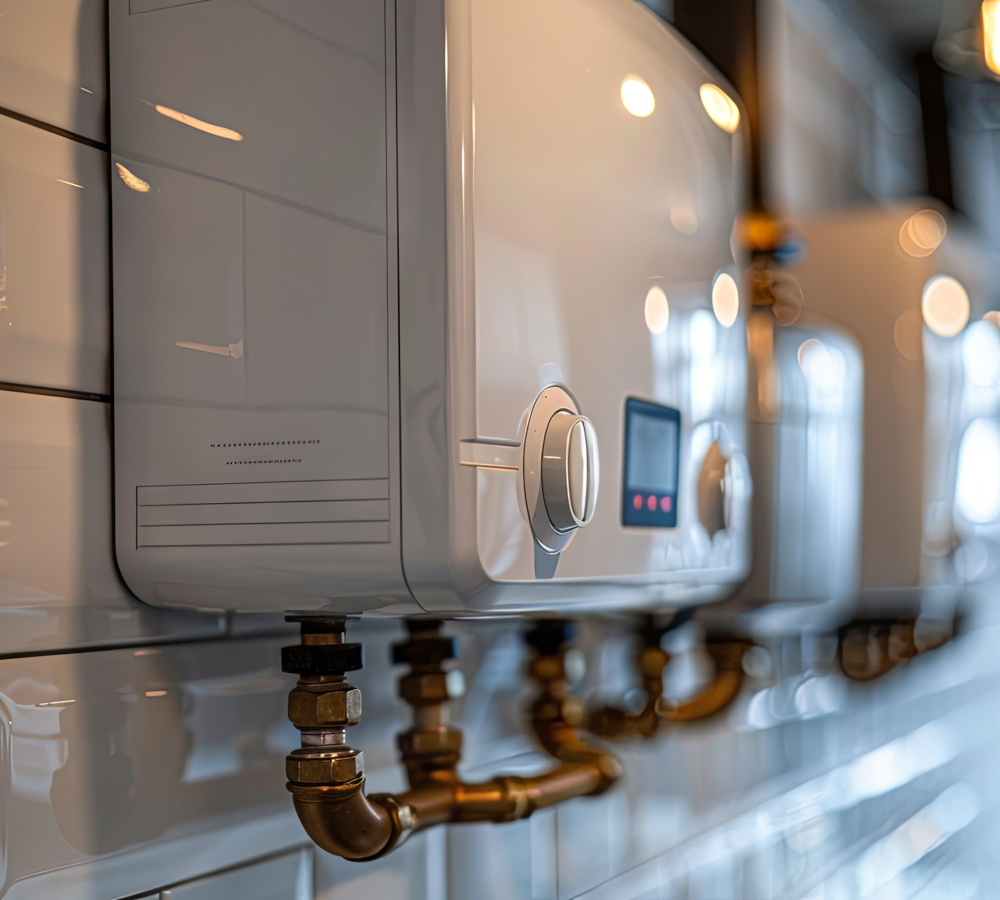 A household budget water heater is mounted on the wall in the bo water heater